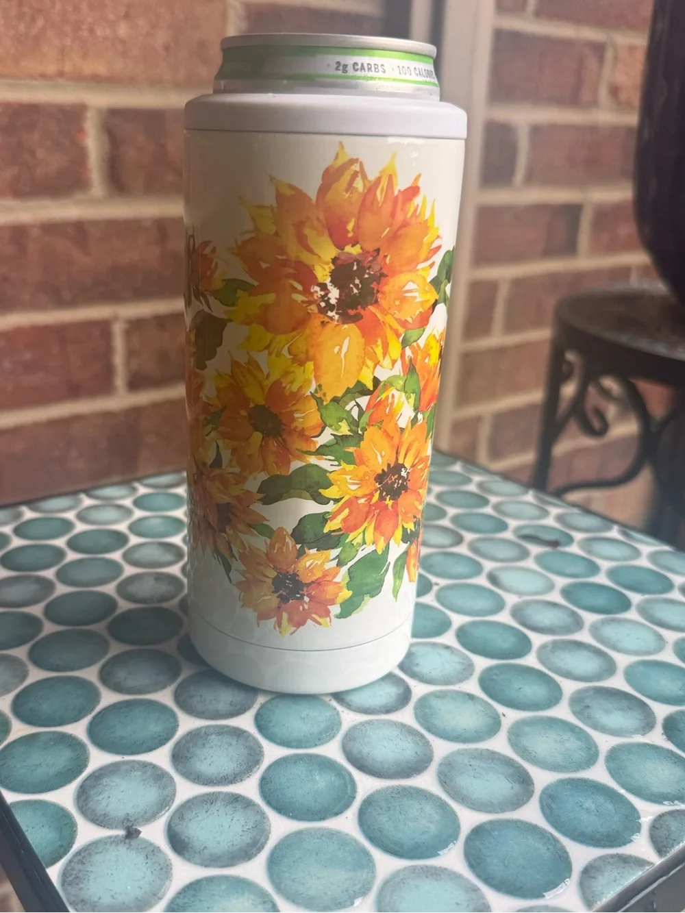 White Sunflower Slim Can Cooler - Insulated Floral Beverage Holder..12 OZ